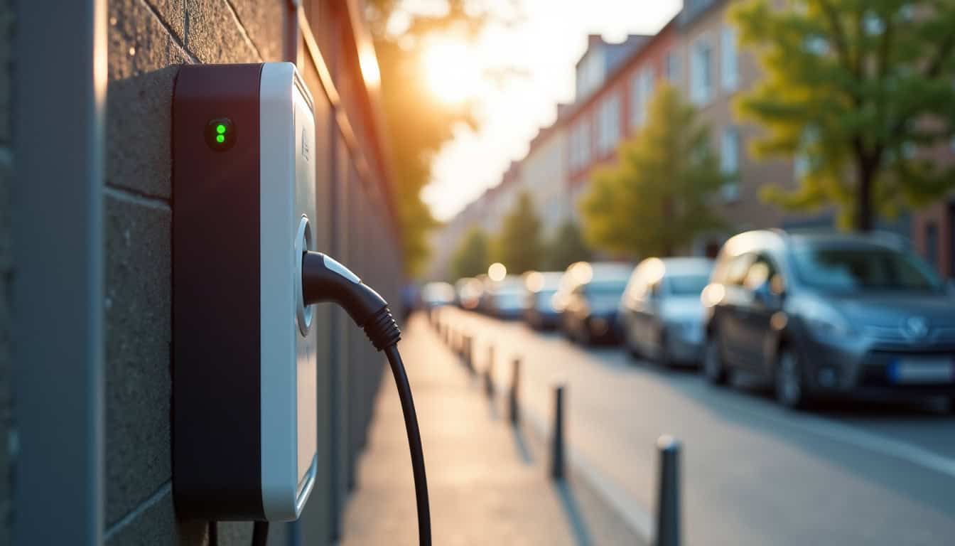 Borne de recharge publique MOBIVE située au 7 Rue du Cheminot à Abzac, vue de la station en milieu urbain