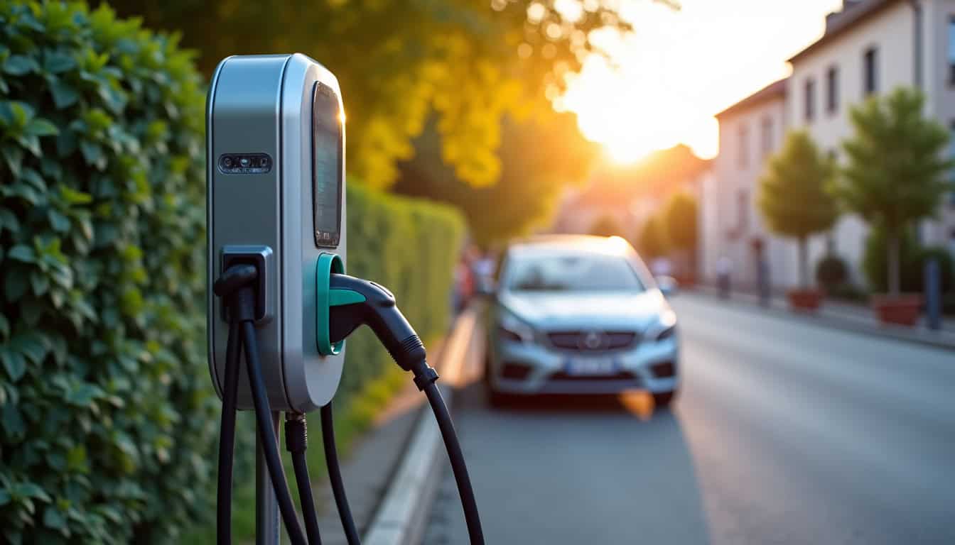 Borne de recharge publique située rue du Fief de Plainville à Linas, vue de jour avec véhicule en train de charger