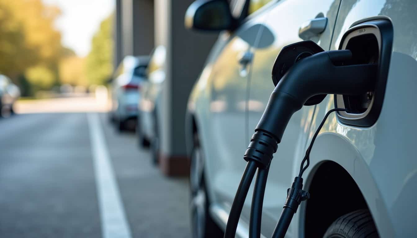 Borne de recharge triphasée installée dans un garage à Cérons, avec câble de connexion au véhicule électrique