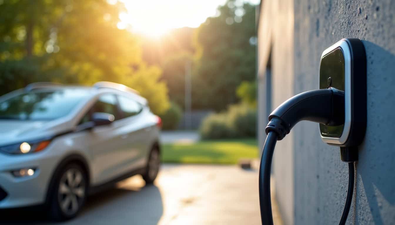 Borne électrique murale installée à Abzac, vue extérieure avec câble de recharge connecté à un véhicule électrique