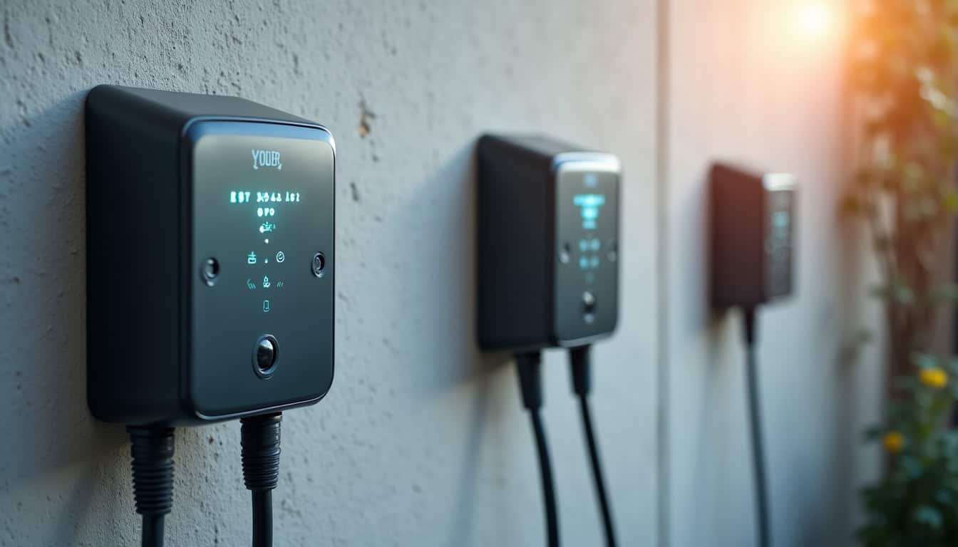 Comparaison visuelle des différents types de bornes de recharge électrique: prise renforcée, wallbox 7,4 kW et borne 22 kW