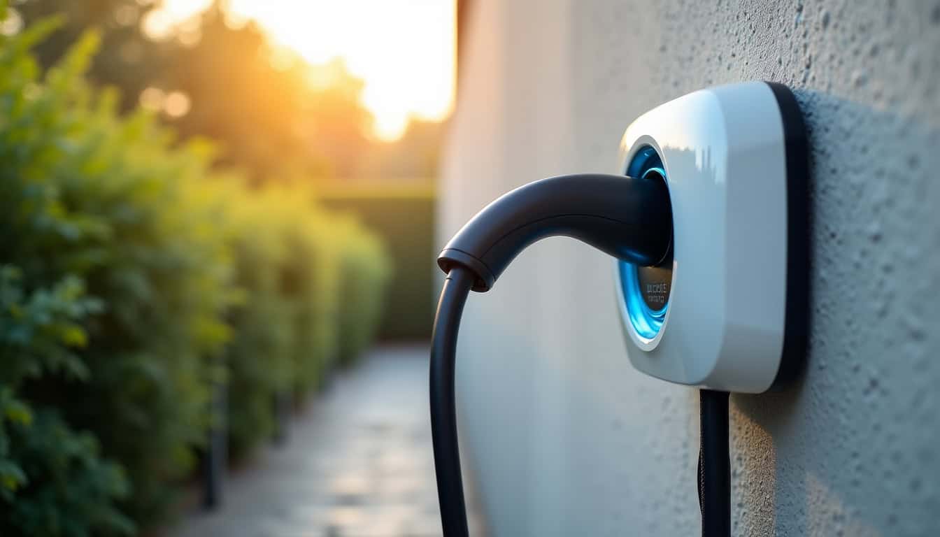 Comparaison visuelle des différents types de bornes de recharge électrique: prise renforcée, wallbox 7,4 kW et borne connectée