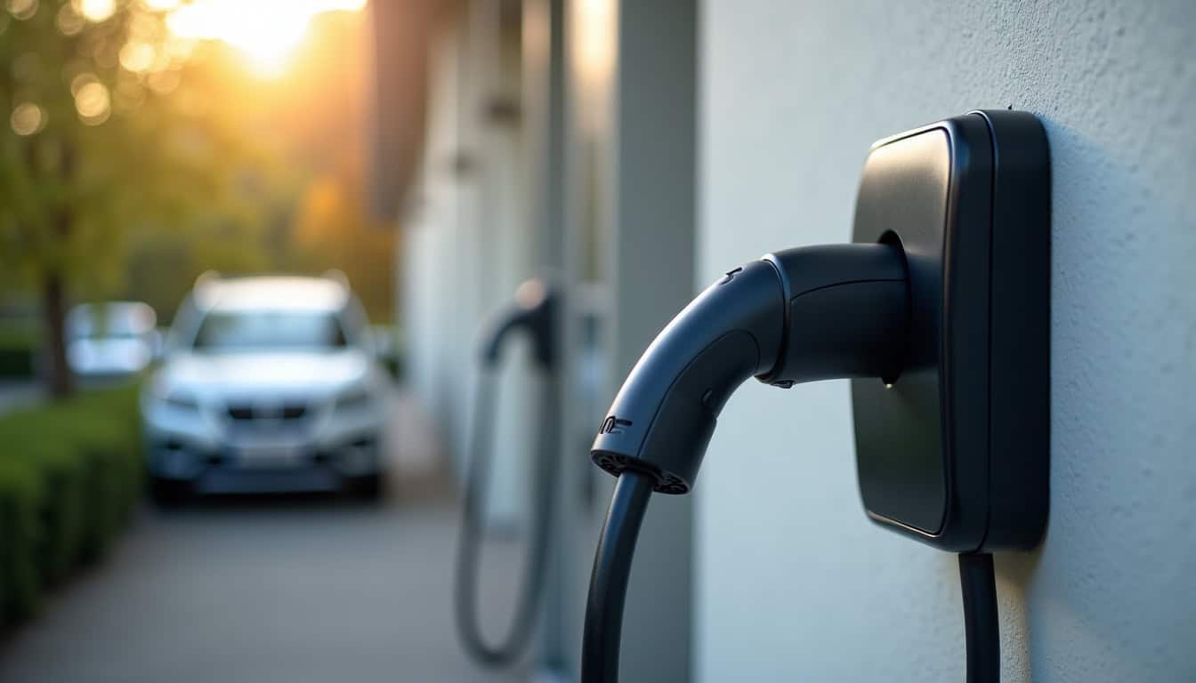 Comparaison visuelle des types de bornes de recharge pour véhicule électrique: borne murale 7,4 kW, prise standard, et borne publique