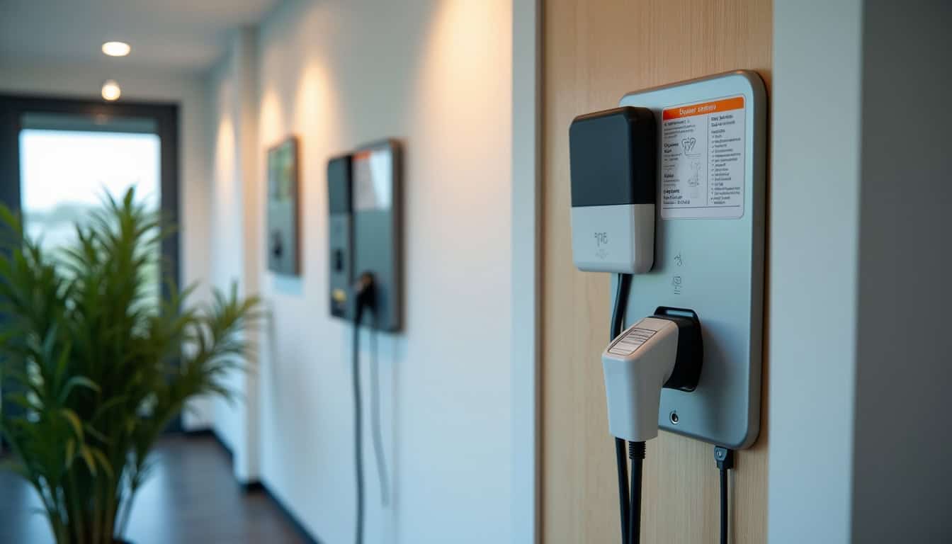 Différents modèles de bornes de recharge électrique exposés dans un showroom à Roncq, avec étiquettes descriptives