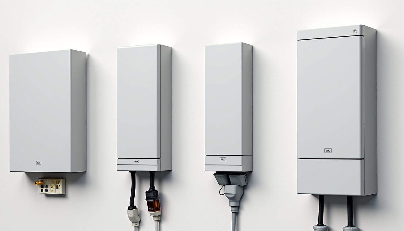 Différents modèles de bornes de recharge électrique installées à Flagnac, montrant les formats murals et au sol