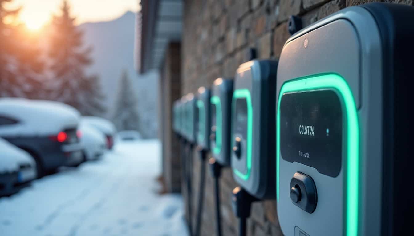 Différents modèles de bornes de recharge installés dans un garage de Châtel, en hiver