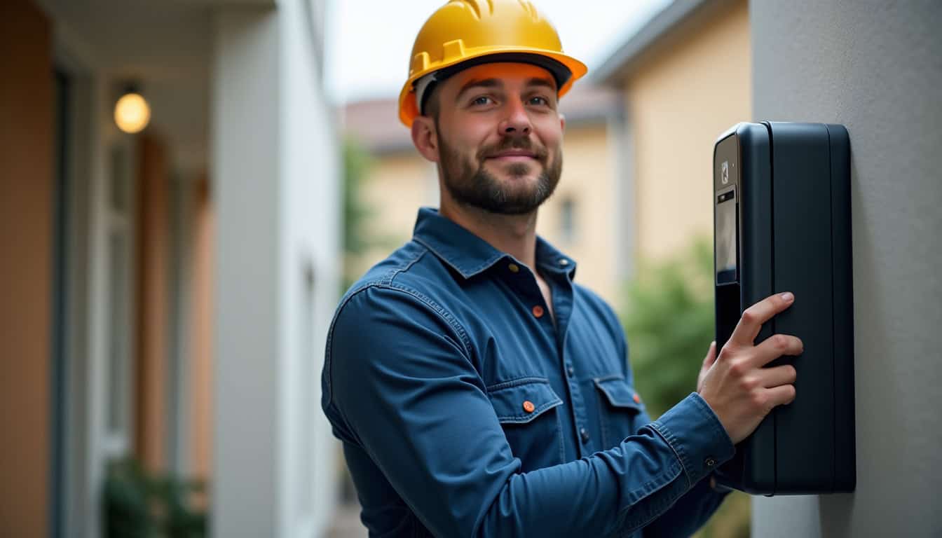Électricien certifié IRVE en train de tester une borne de recharge électrique à Malguénac