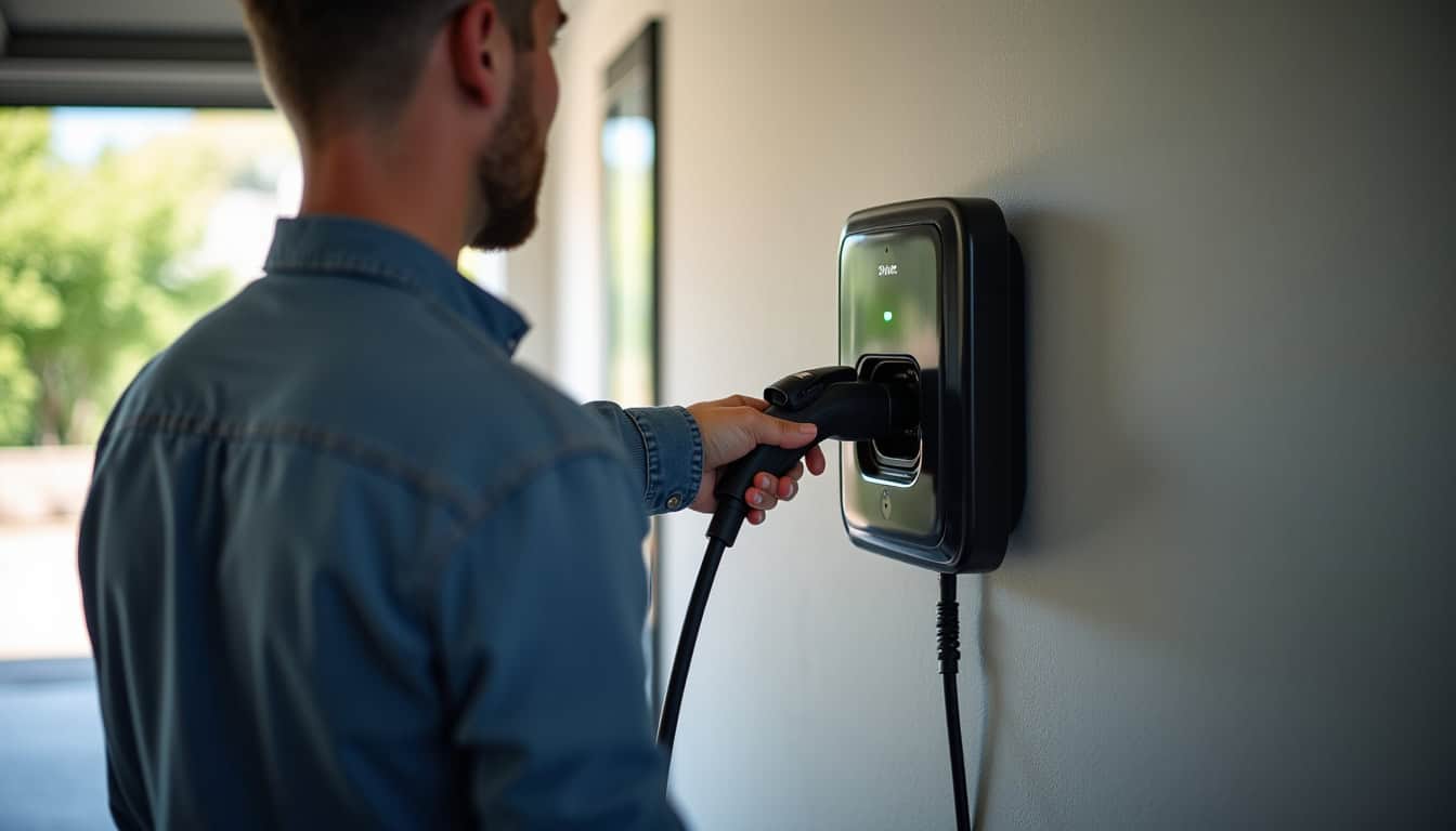Électricien en train de poser une borne de recharge dans un garage à Kaltenhouse