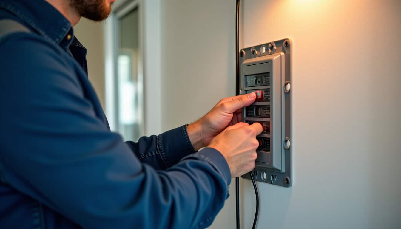 Électricien en train de vérifier un tableau électrique à Ventabren avant pose de la borne