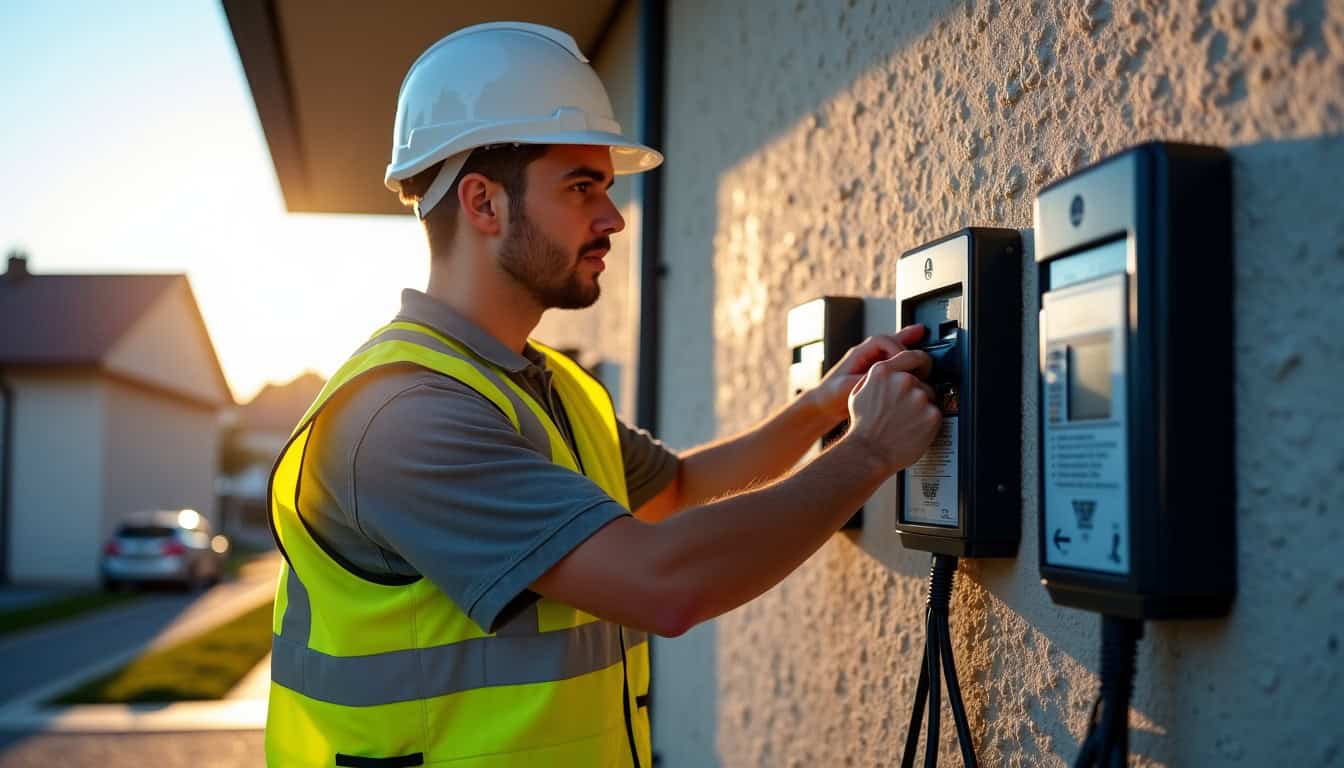 Électricien en train d’installer une borne de recharge à Virelade