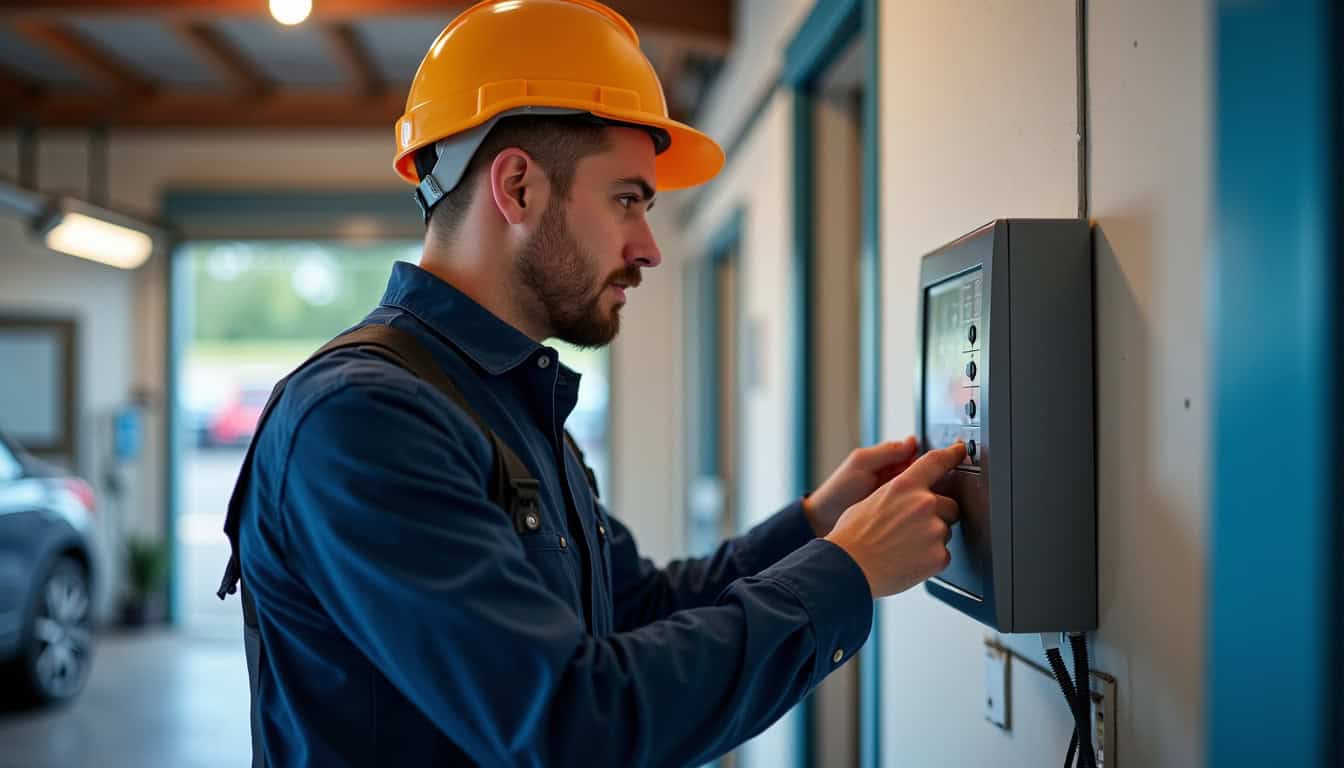 Électricien en train d’installer une borne de recharge IRVE dans un garage à Linas, vue rapprochée du tableau électrique