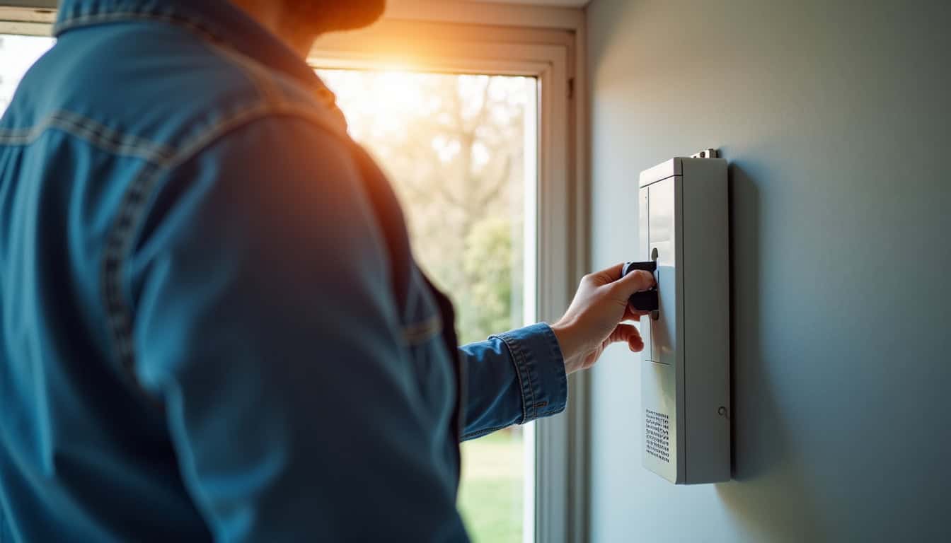 Électricien en train d’installer une borne de recharge murale dans un garage à Pleumeur-Bodou