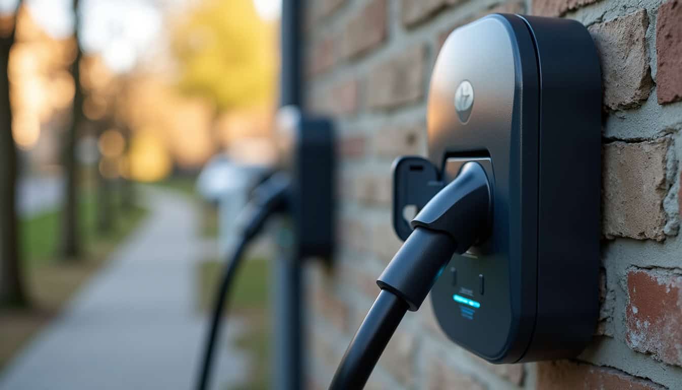 Électricien en train d’installer une borne de recharge pour voiture électrique