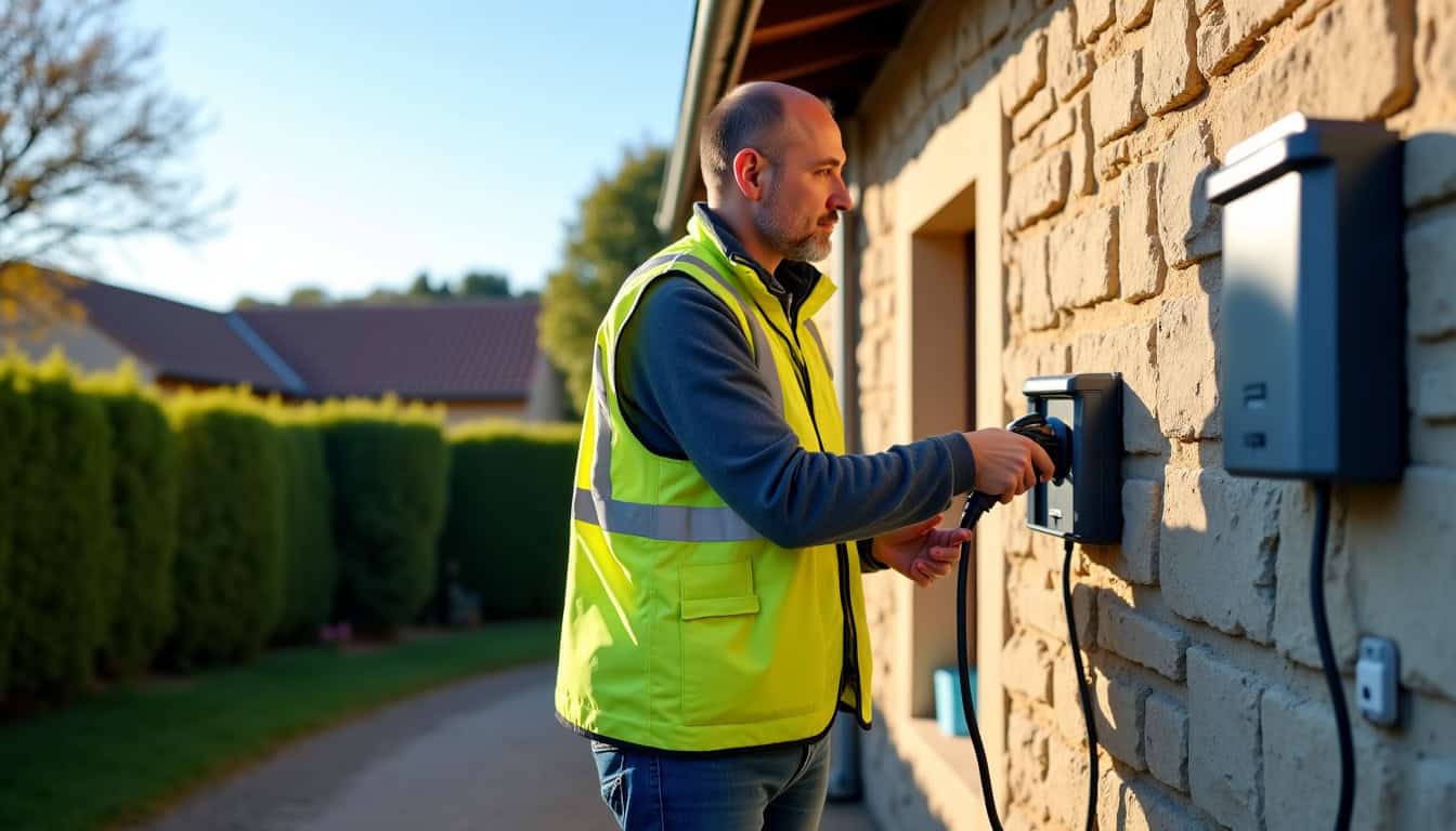 Électricien IRVE en train de fixer une borne murale à Martigné-Ferchaud