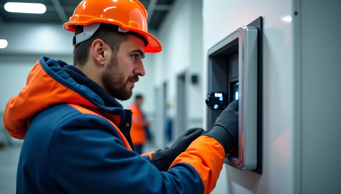 Électricien IRVE en train d’installer une borne de recharge dans un garage à La Balme-de-Sillingy