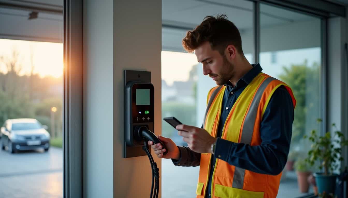 Installateur IRVE certifié en train d’installer une borne de recharge dans un garage à Quiévrechain