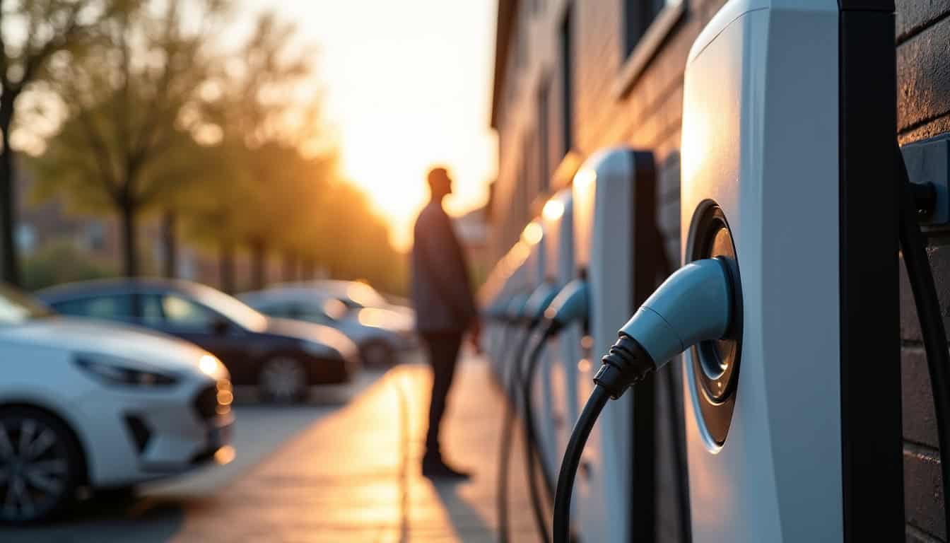 Installation de plusieurs bornes de recharge devant un bâtiment professionnel à Toussieux, destinées à une flotte de véhicules électriques