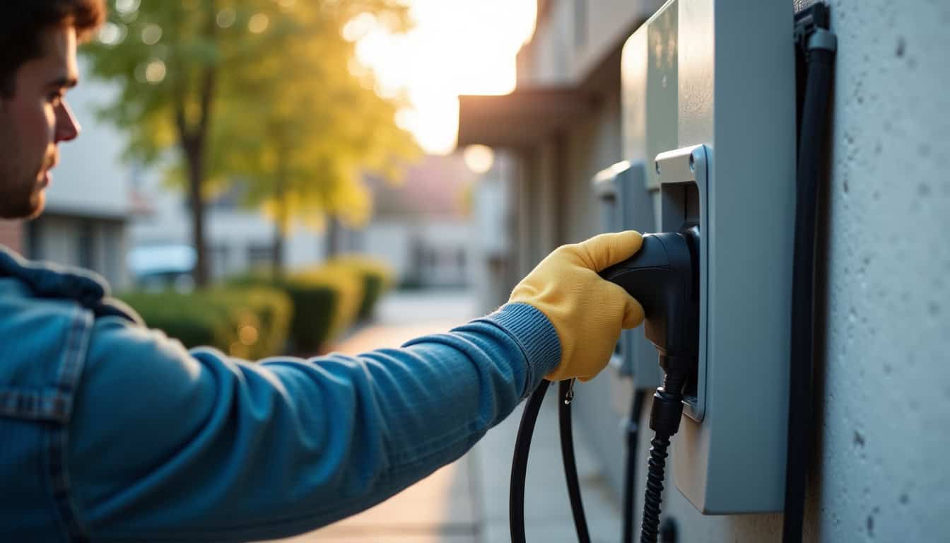 Propriétaire en train de nettoyer une borne de recharge électrique installée à Bonneville