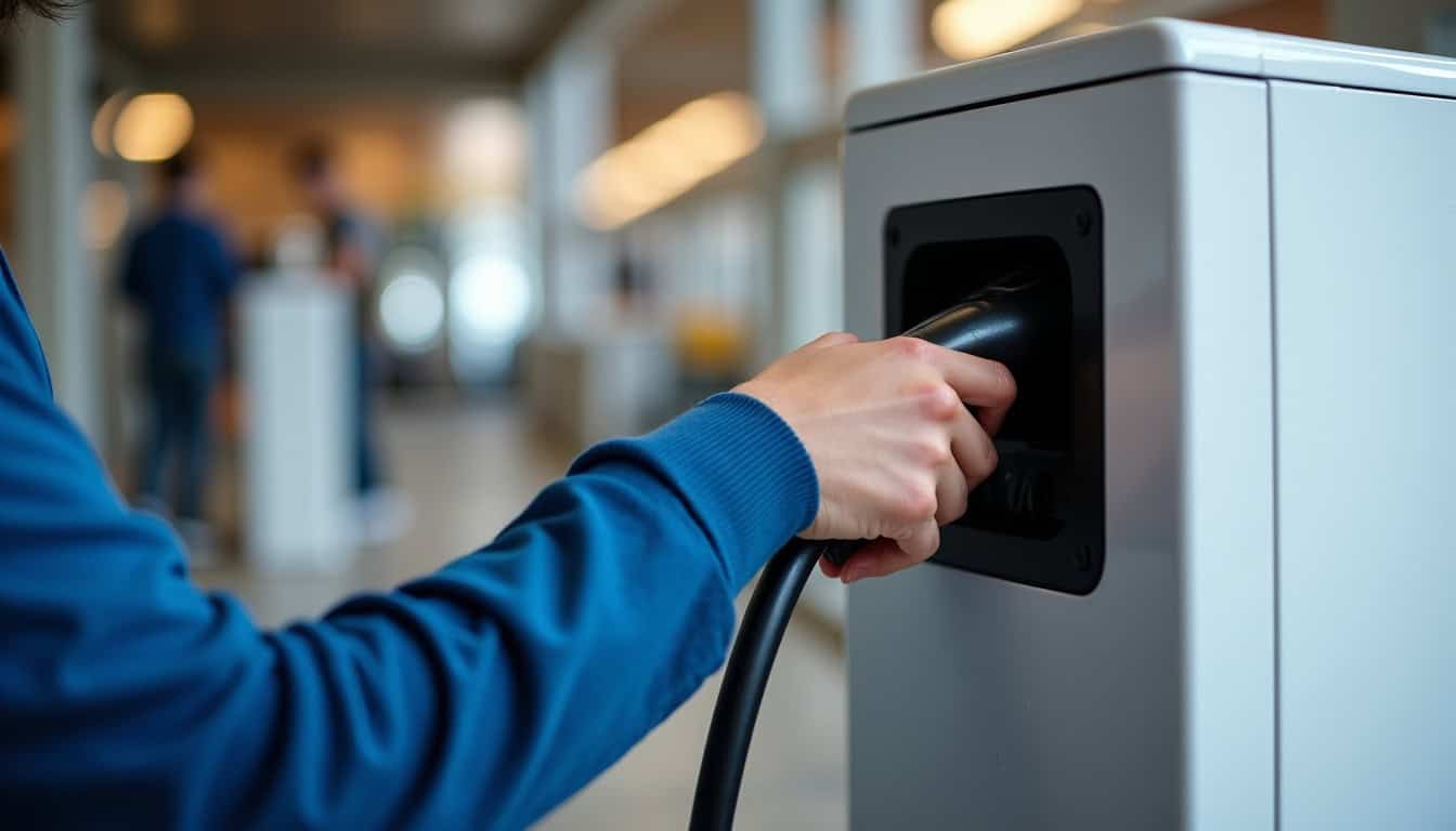 Technicien certifié IRVE en train de tester une borne de recharge nouvellement installée à Marlioz