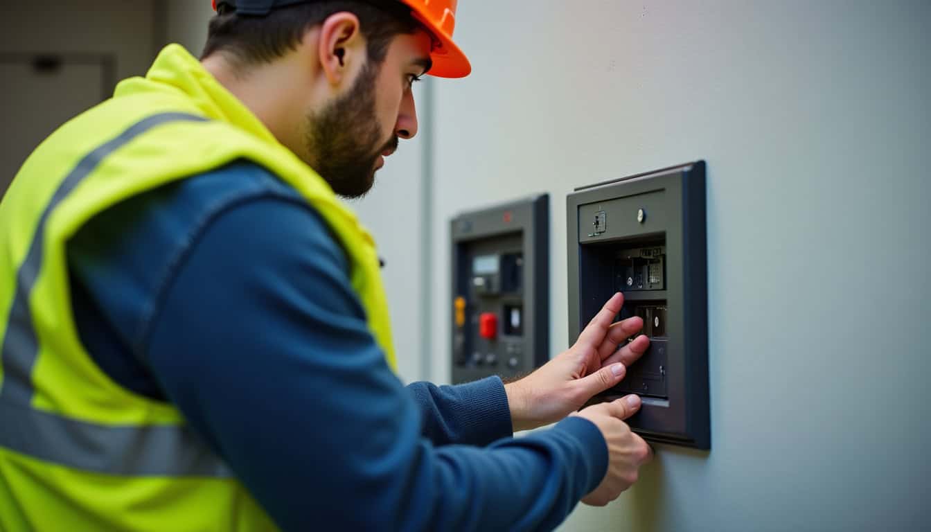 Technicien certifié IRVE en train de vérifier le tableau électrique avant installation d