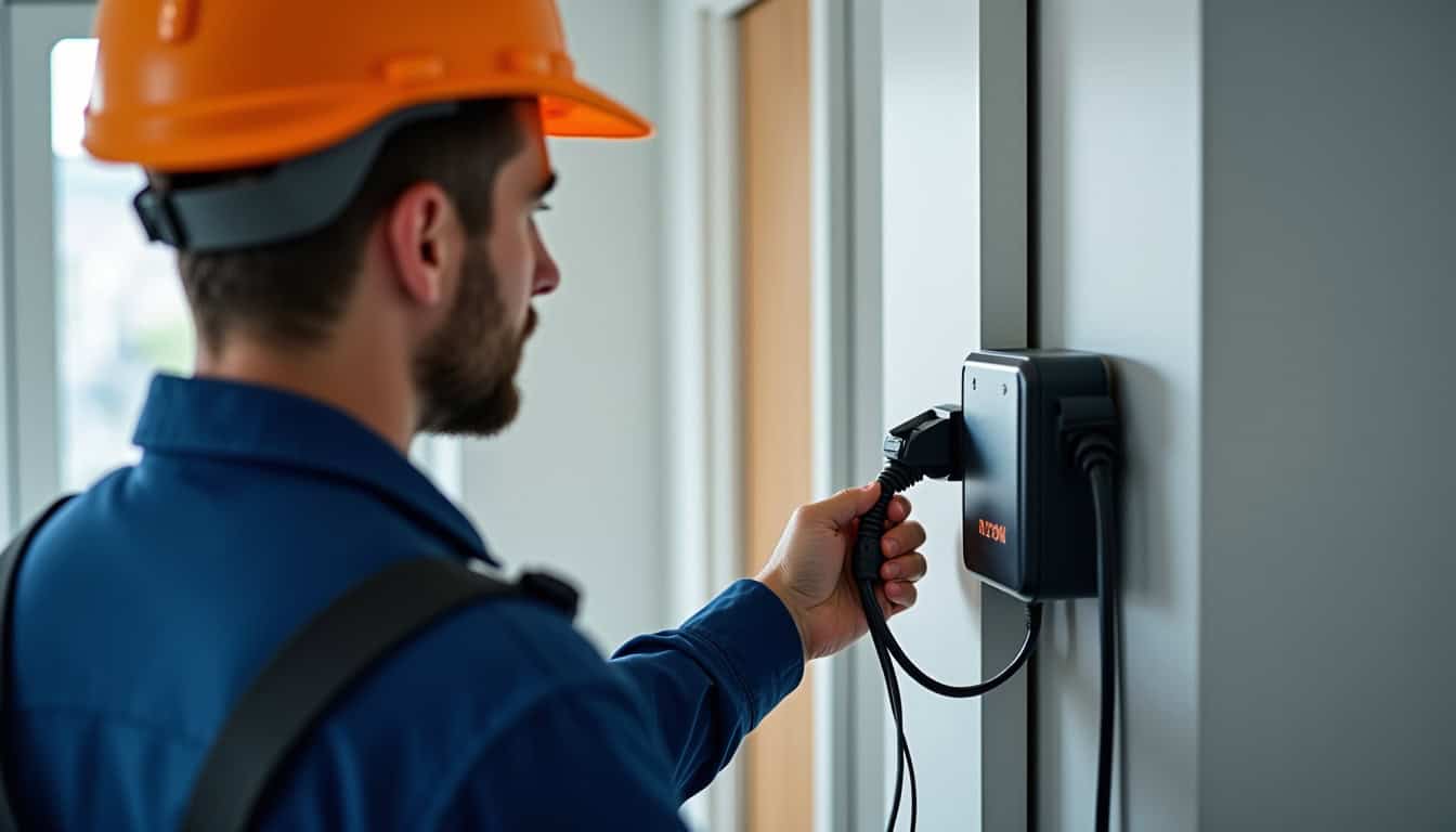 Technicien certifié IRVE testant une borne électrique nouvellement installée à Fontaines