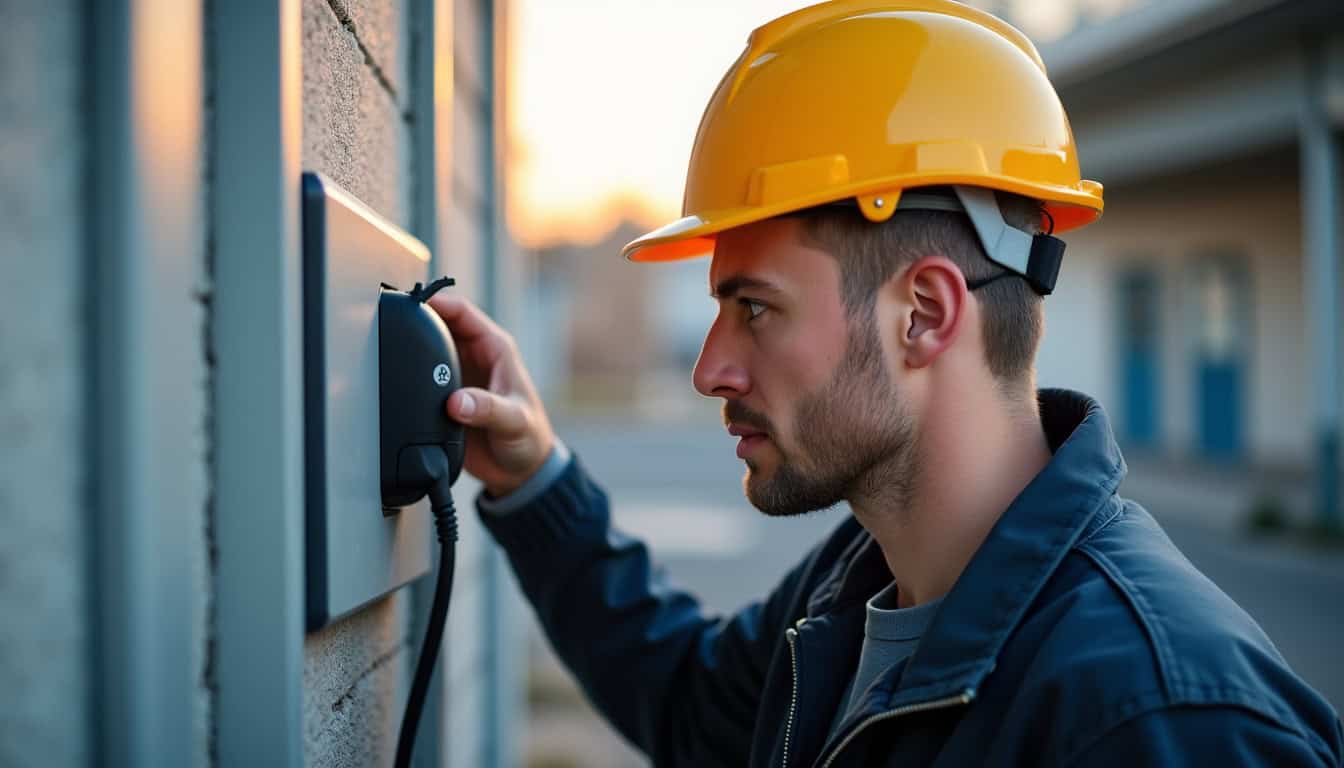 Technicien effectuant un contrôle de maintenance sur une borne de recharge électrique à Créhen