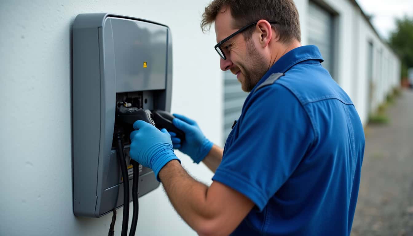 Technicien effectuant une maintenance sur une borne de recharge électrique à Pacy-sur-Eure