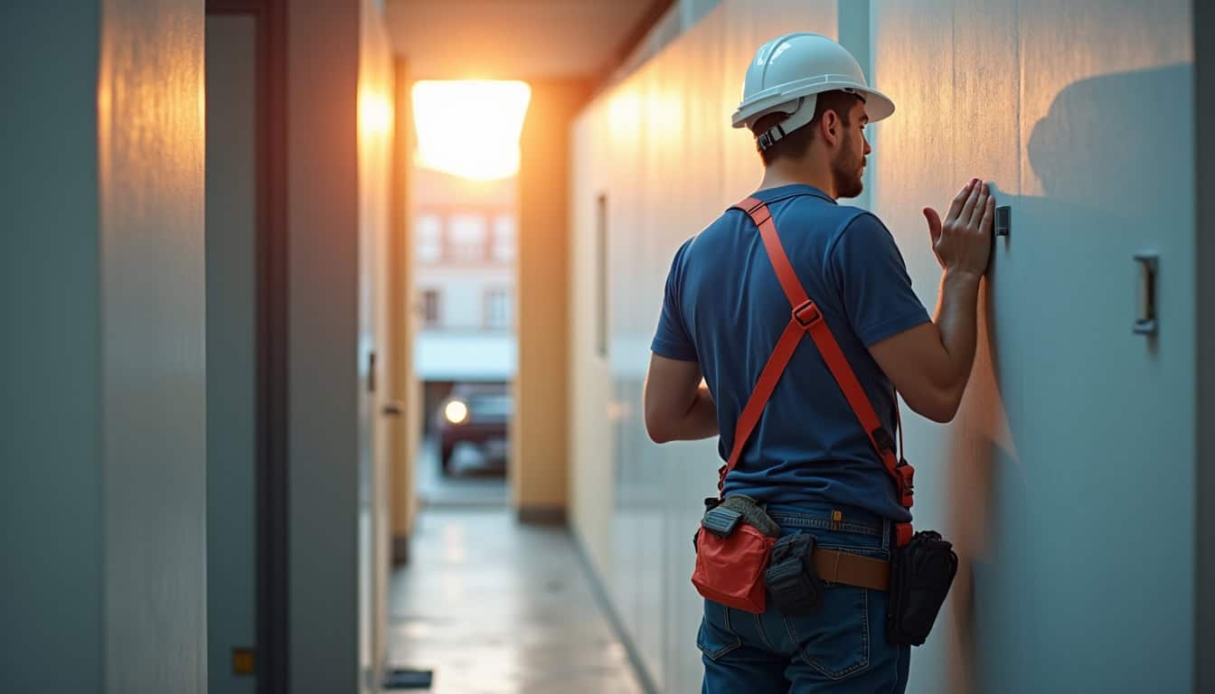 Technicien en tenue de travail installant une borne murale à Ventabren