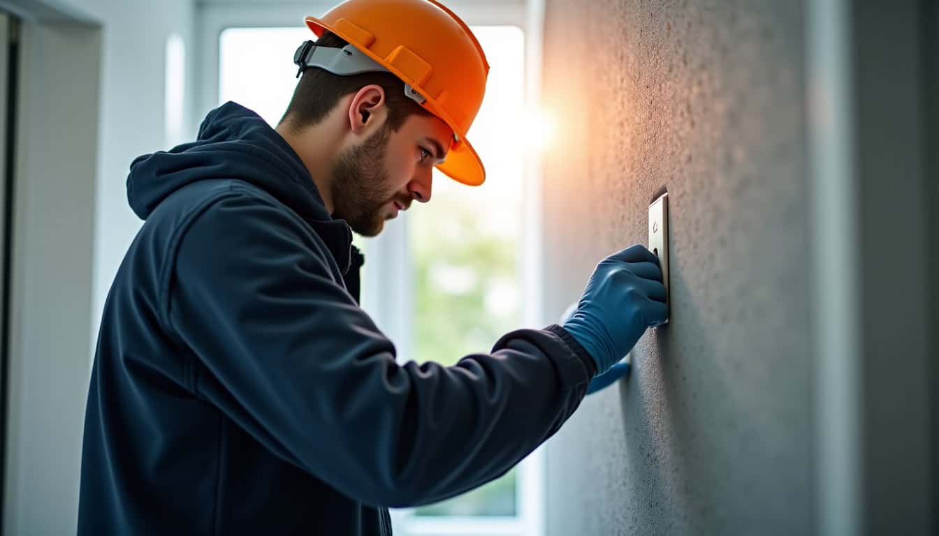 Technicien en tenue de travail vérifiant le tableau électrique d