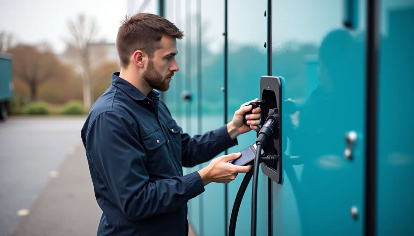 Technicien en train de tester une borne de recharge électrique après installation à Montarnaud