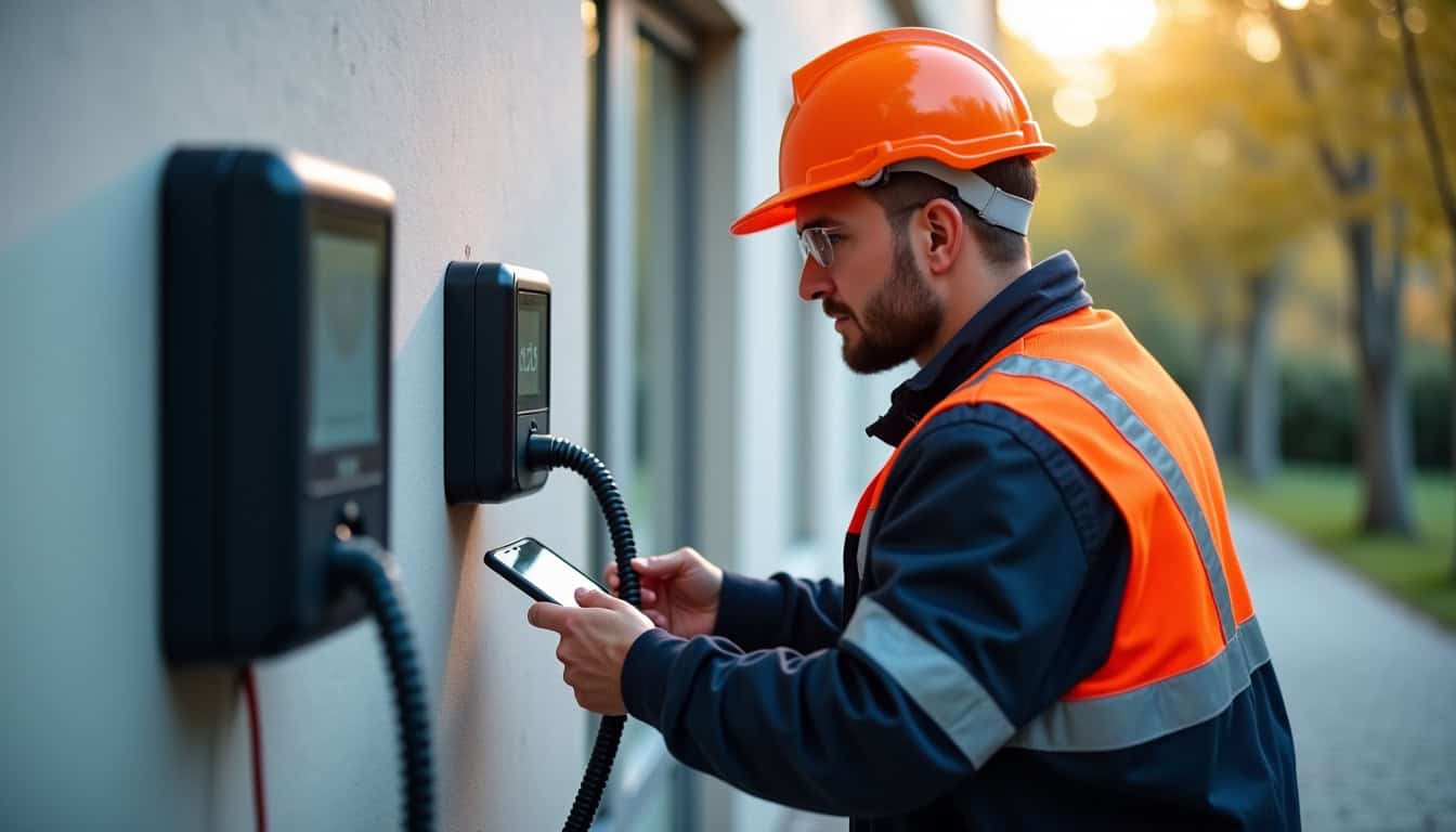 Technicien en train de tester une borne de recharge électrique nouvellement installée à Albert