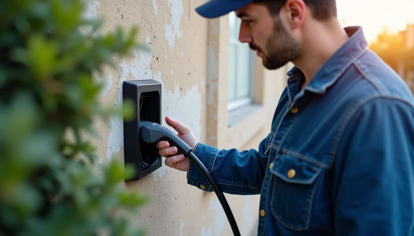 Technicien en train d’installer une borne de recharge électrique à Aiglemont