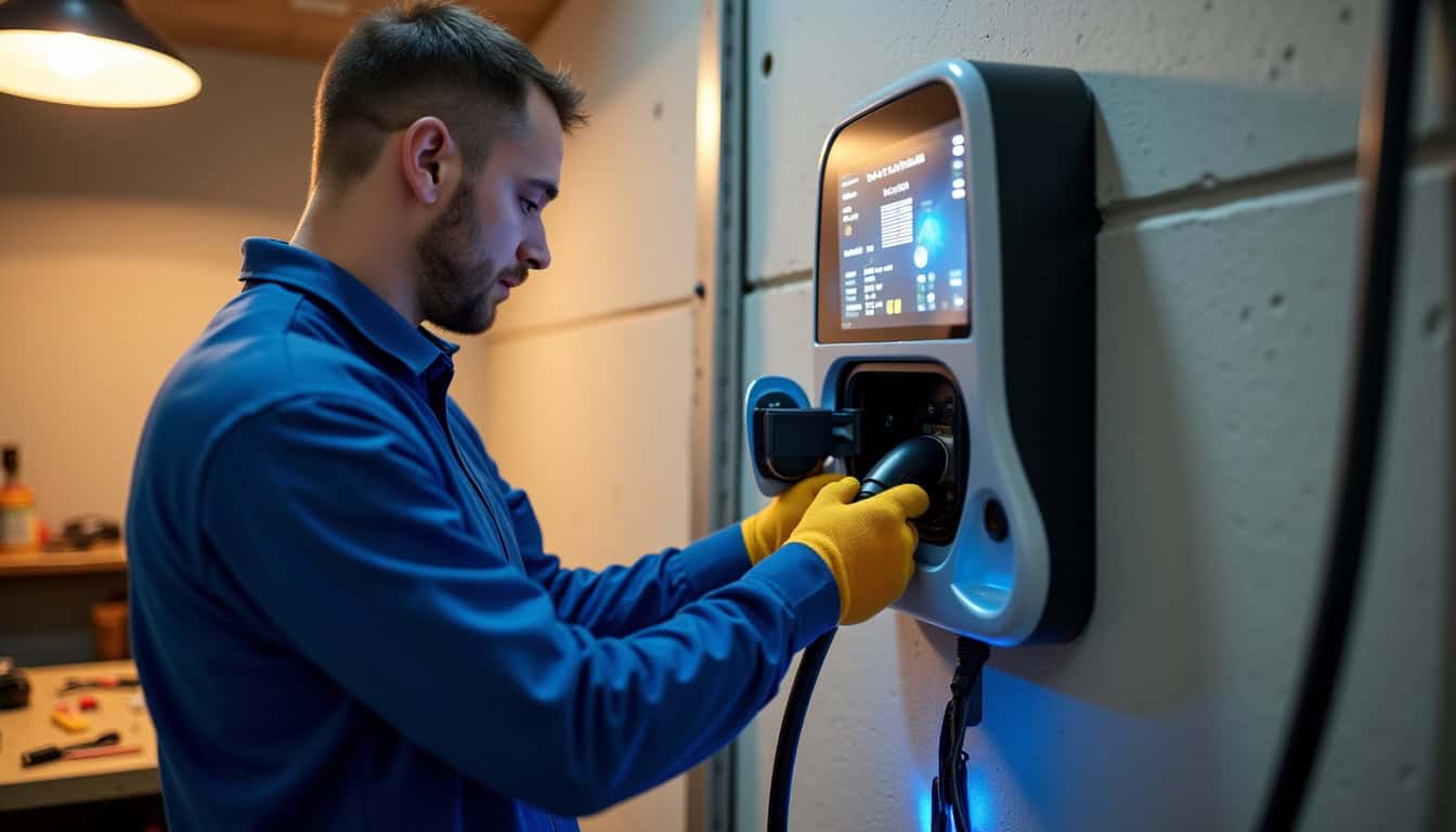 Technicien en train d’installer une borne de recharge électrique dans un garage