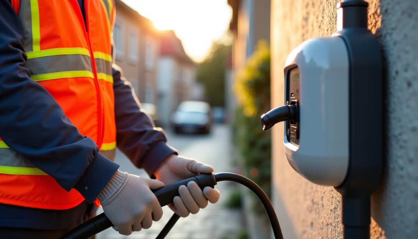 Technicien IRVE en train d’installer une borne de recharge électrique à Avesnes-les-Aubert