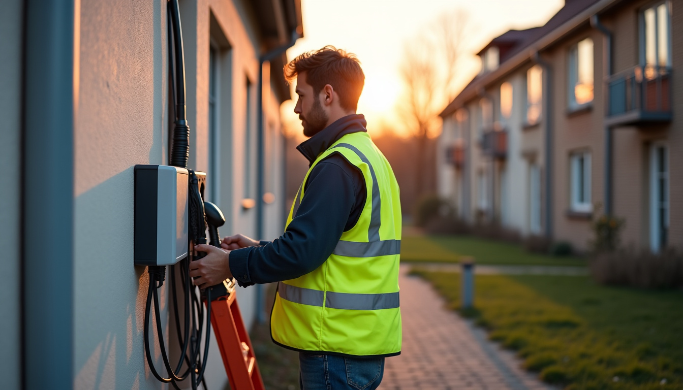 Technicien IRVE en train d’installer une borne de recharge murale à Garges-lès-Gonesse