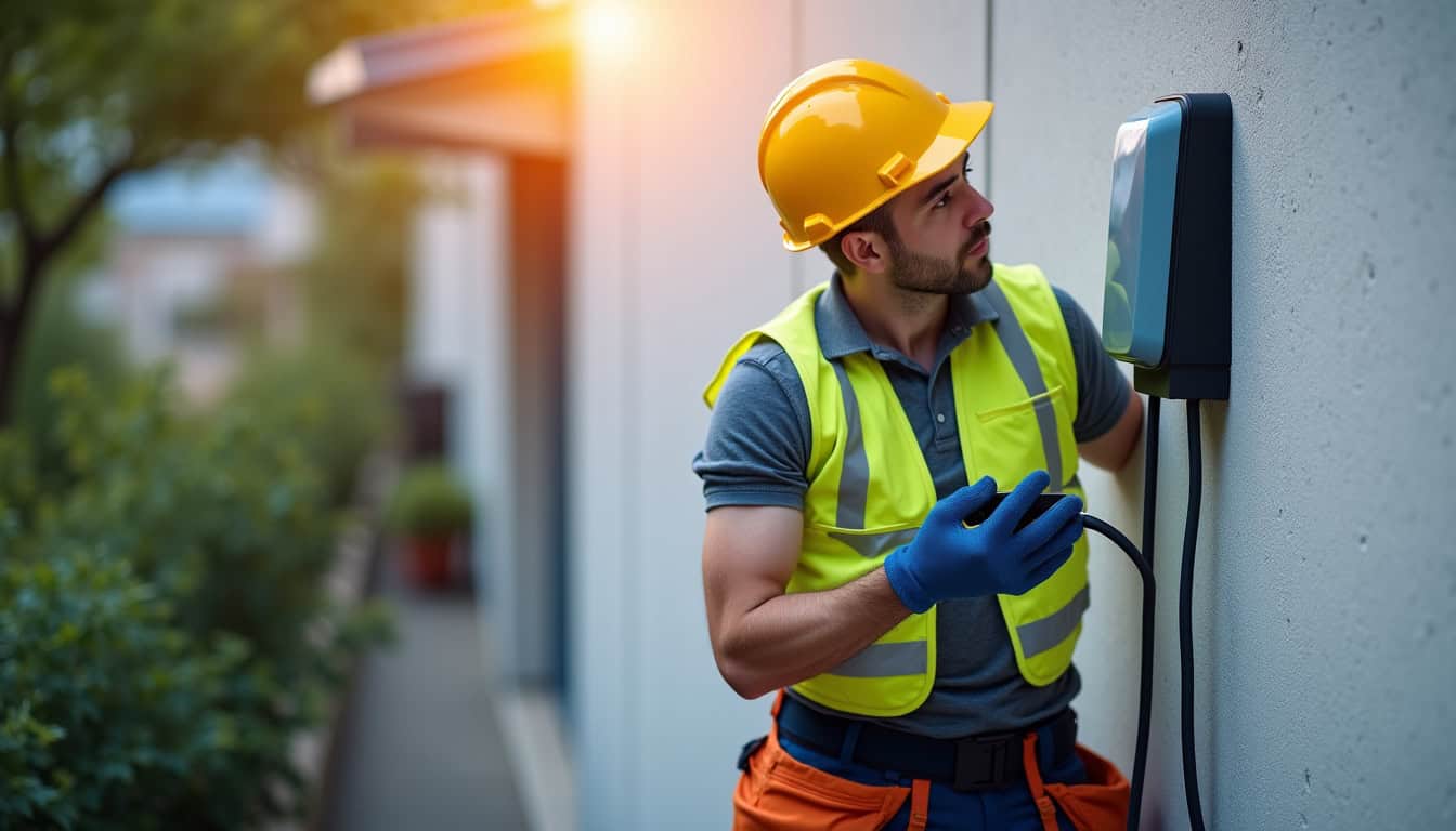 Technicien IRVE en train d’installer une borne de recharge sur un mur extérieur à Sérézin-du-Rhône