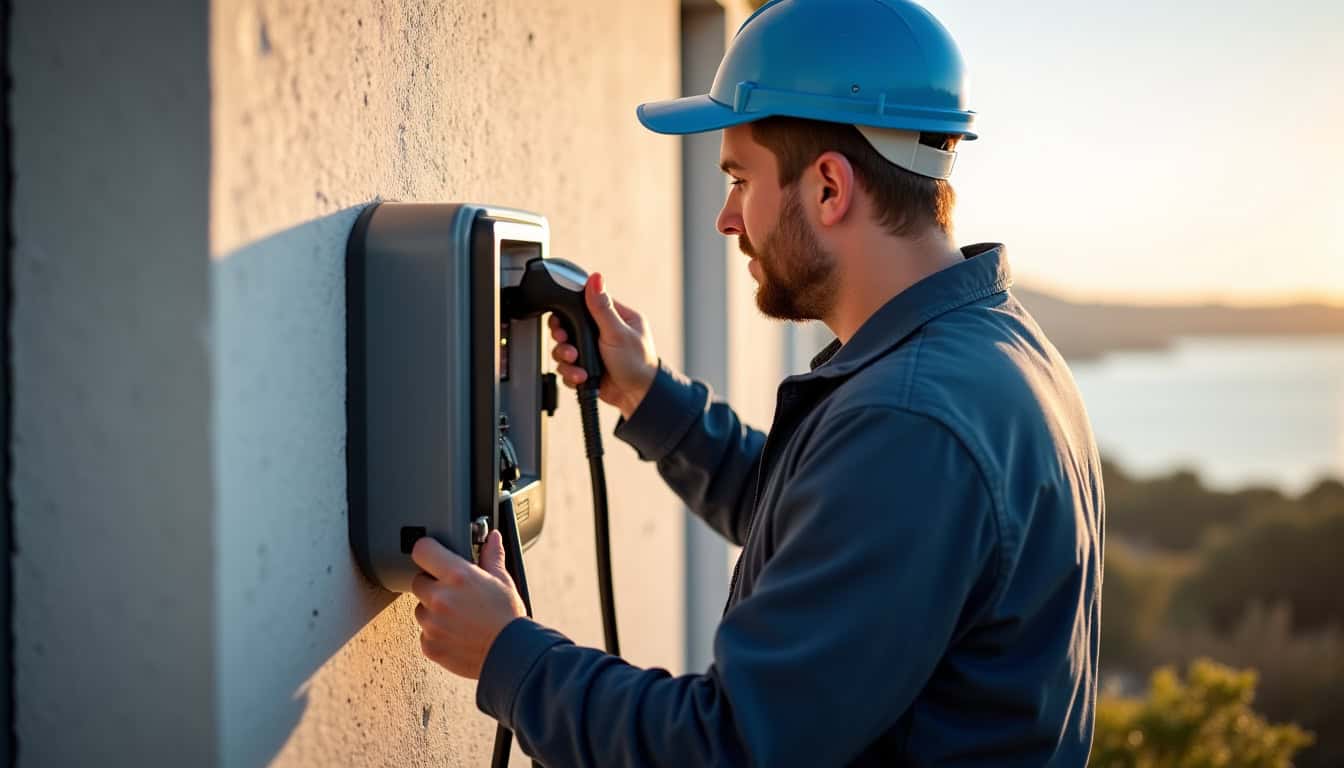 Technicien IRVE en train d’installer une borne électrique à Locmaria-Plouzané