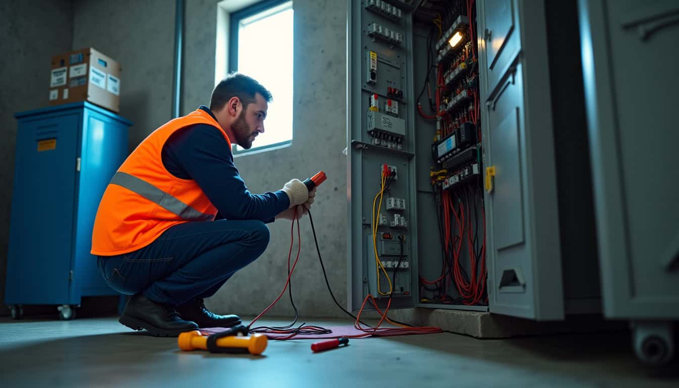 Technicien IRVE réalisant un diagnostic électrique avant installation d