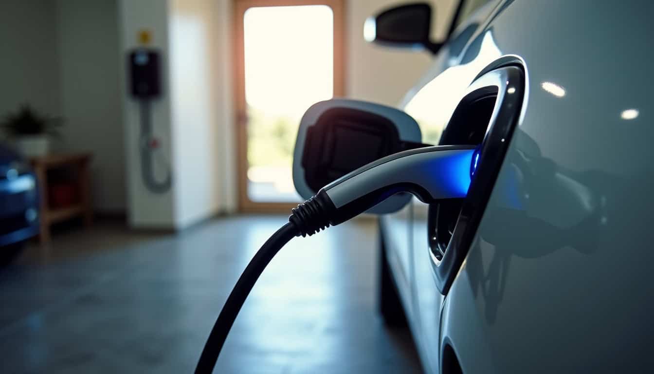 Voiture électrique en train de charger sur une borne murale dans un garage privé à La Roche-Neuville