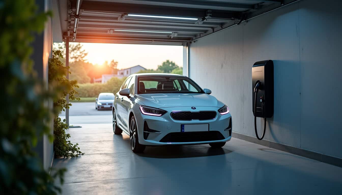 Voiture électrique en train de charger sur une borne murale installée dans un garage