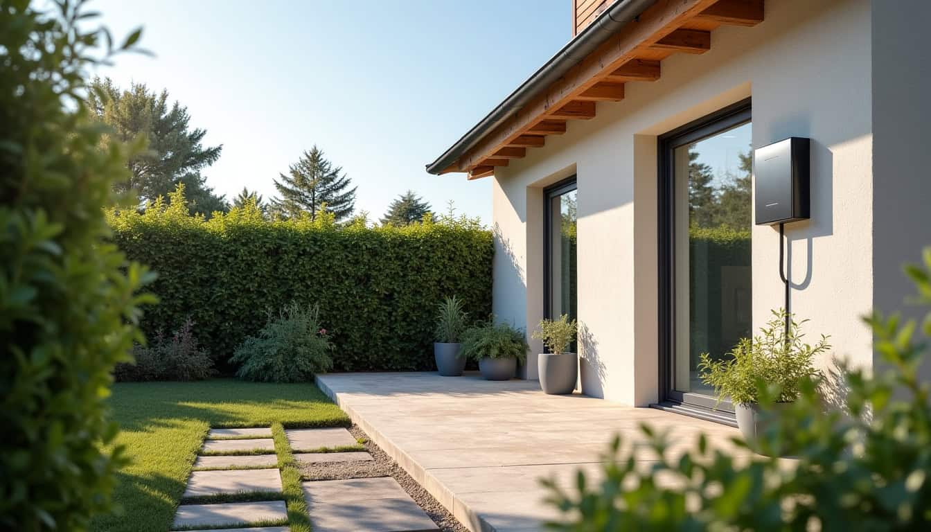 Vue d’ensemble d’une maison à Courzieu avec une borne de recharge installée à l’extérieur près du garage