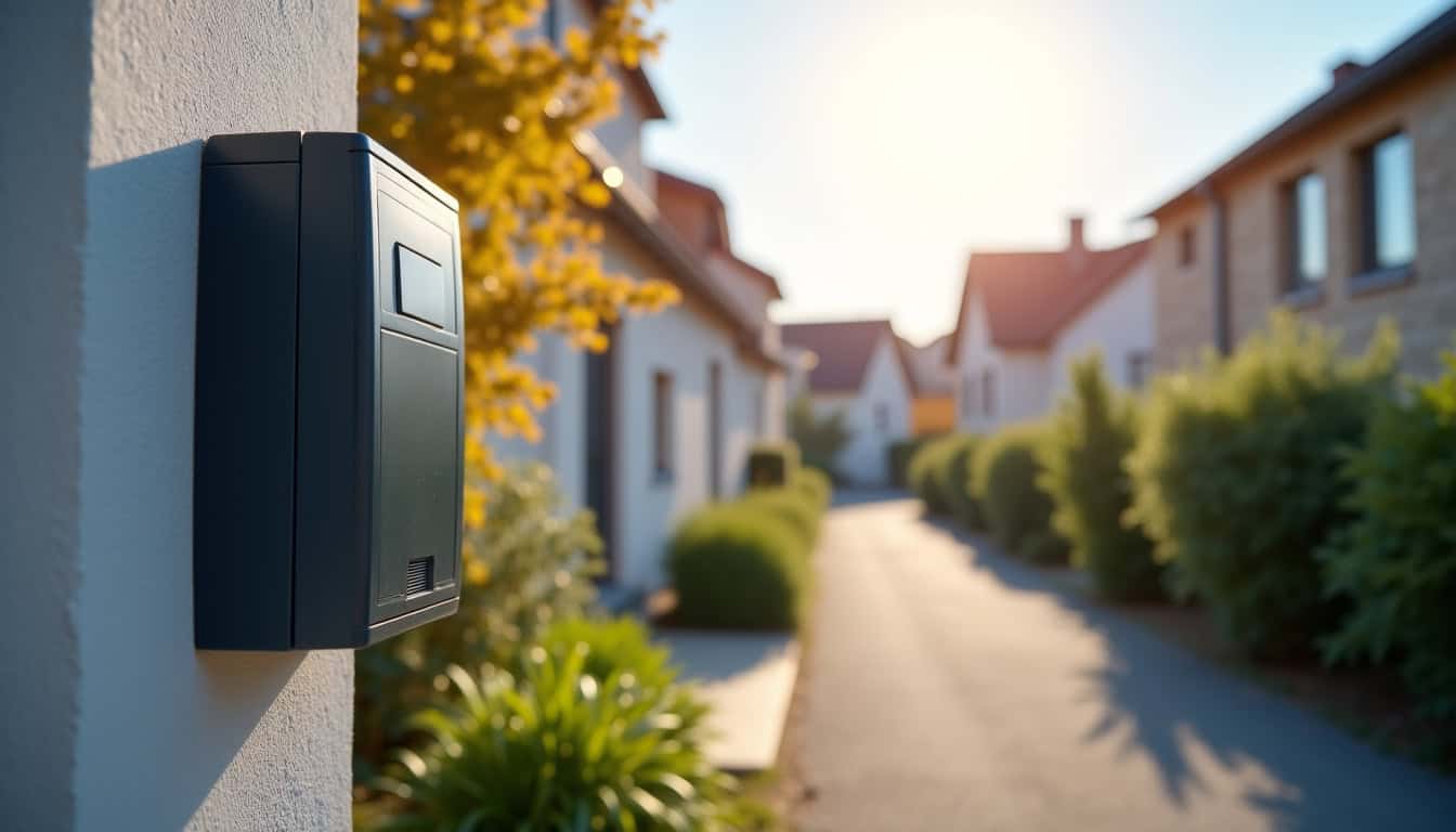 Vue d’ensemble d’une rue à Pleumeur-Bodou avec plusieurs bornes électriques visibles le long des maisons