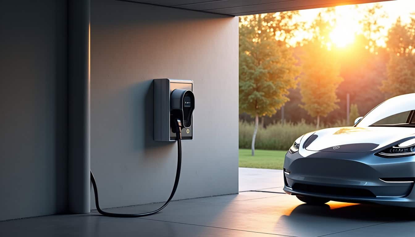 Borne de recharge de type Wallbox installée dans un garage à Mouchin, raccordée à un véhicule électrique