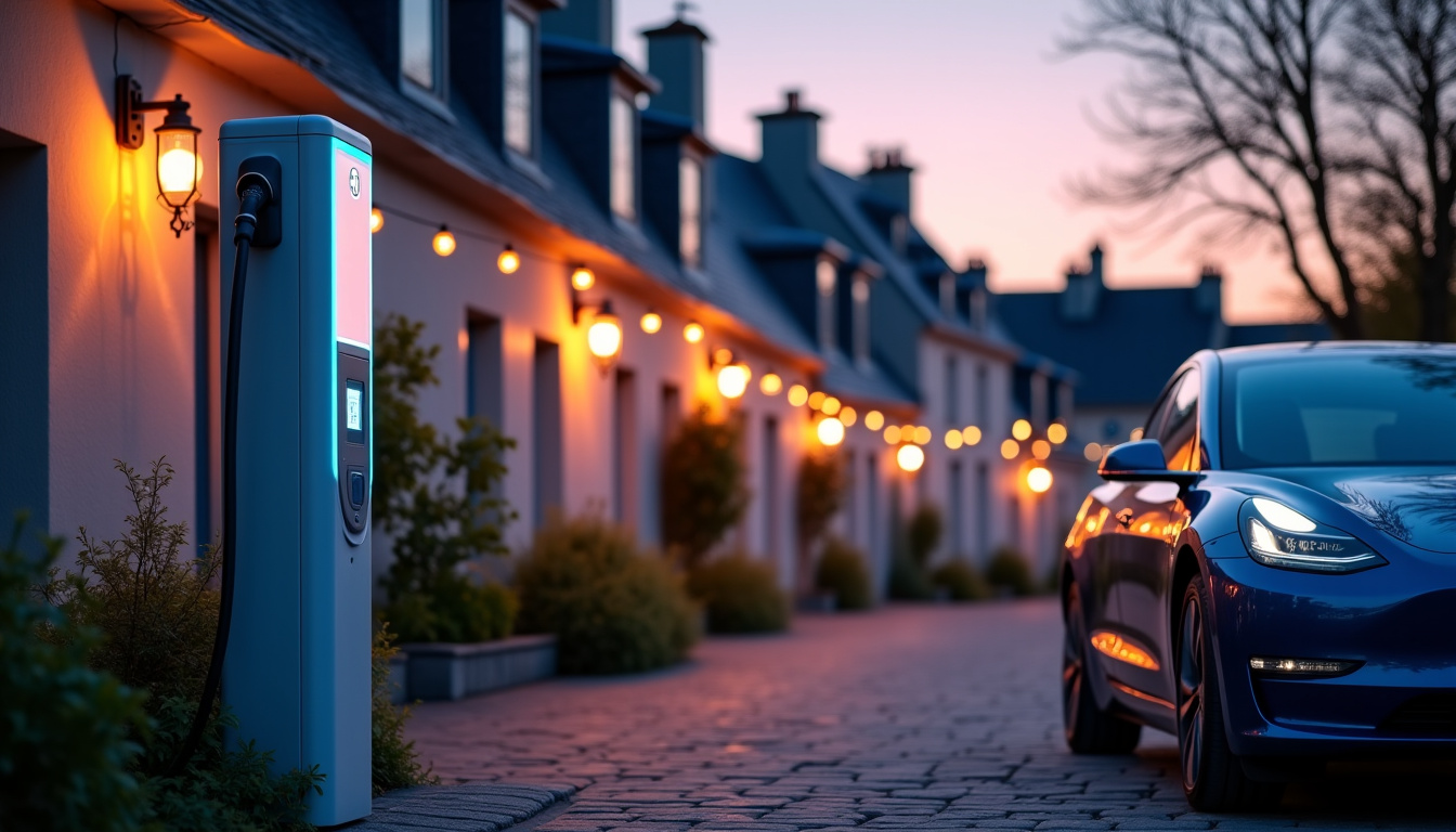 Borne de recharge électrique allumée en soirée à Sauzon, éclairage doux dans un cadre résidentiel paisible