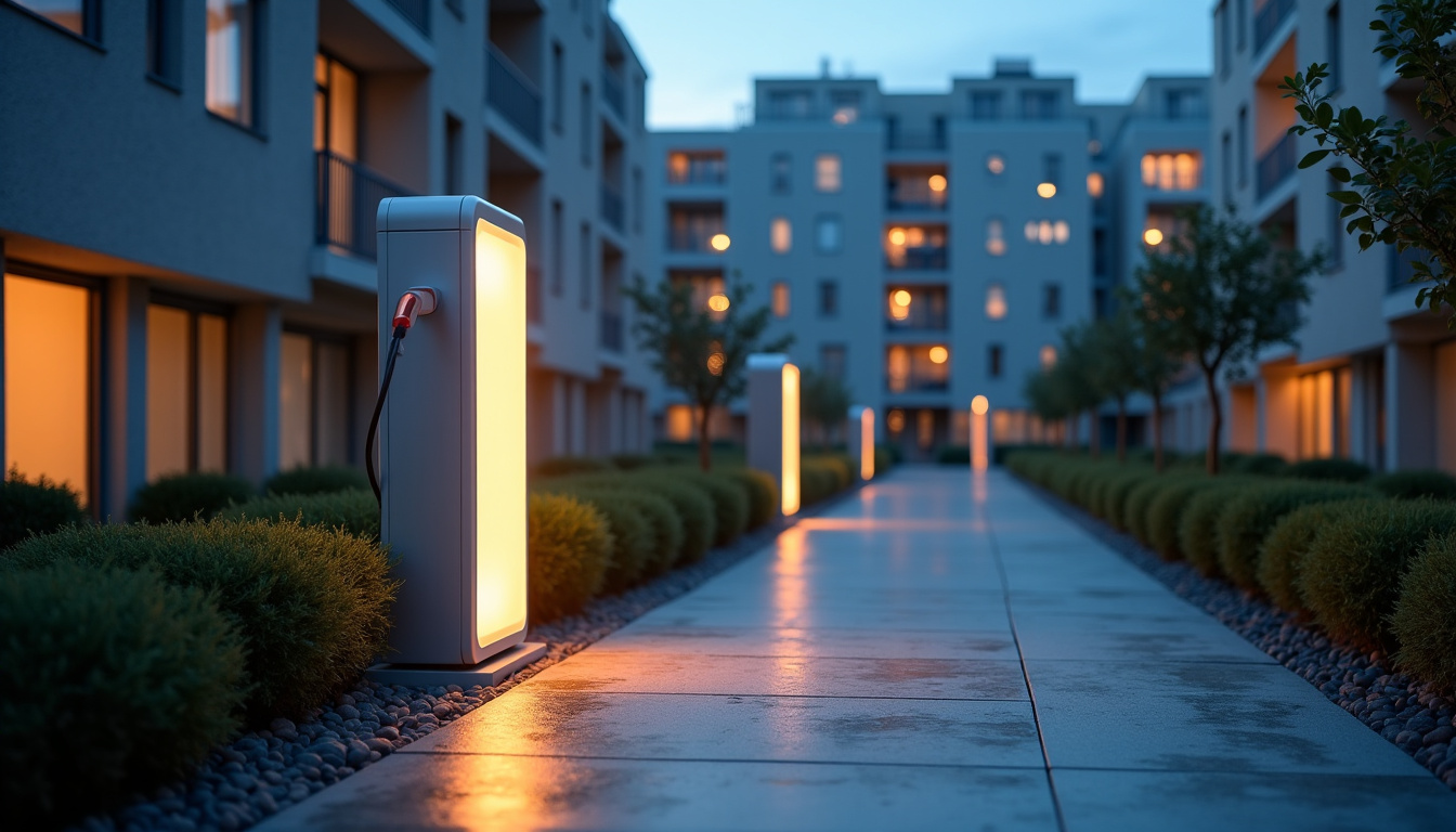Borne de recharge électrique allumée en soirée dans une résidence à L