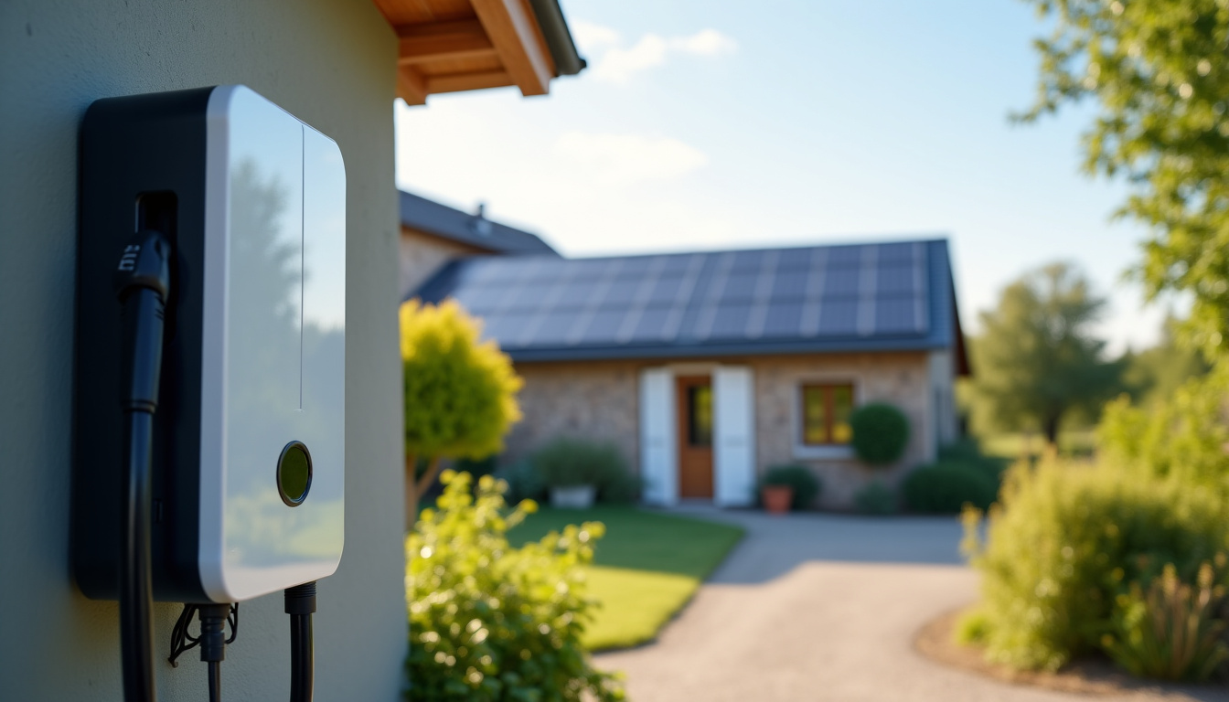 Borne de recharge électrique couplée à des panneaux solaires sur une maison à Lapeyrouse-Mornay