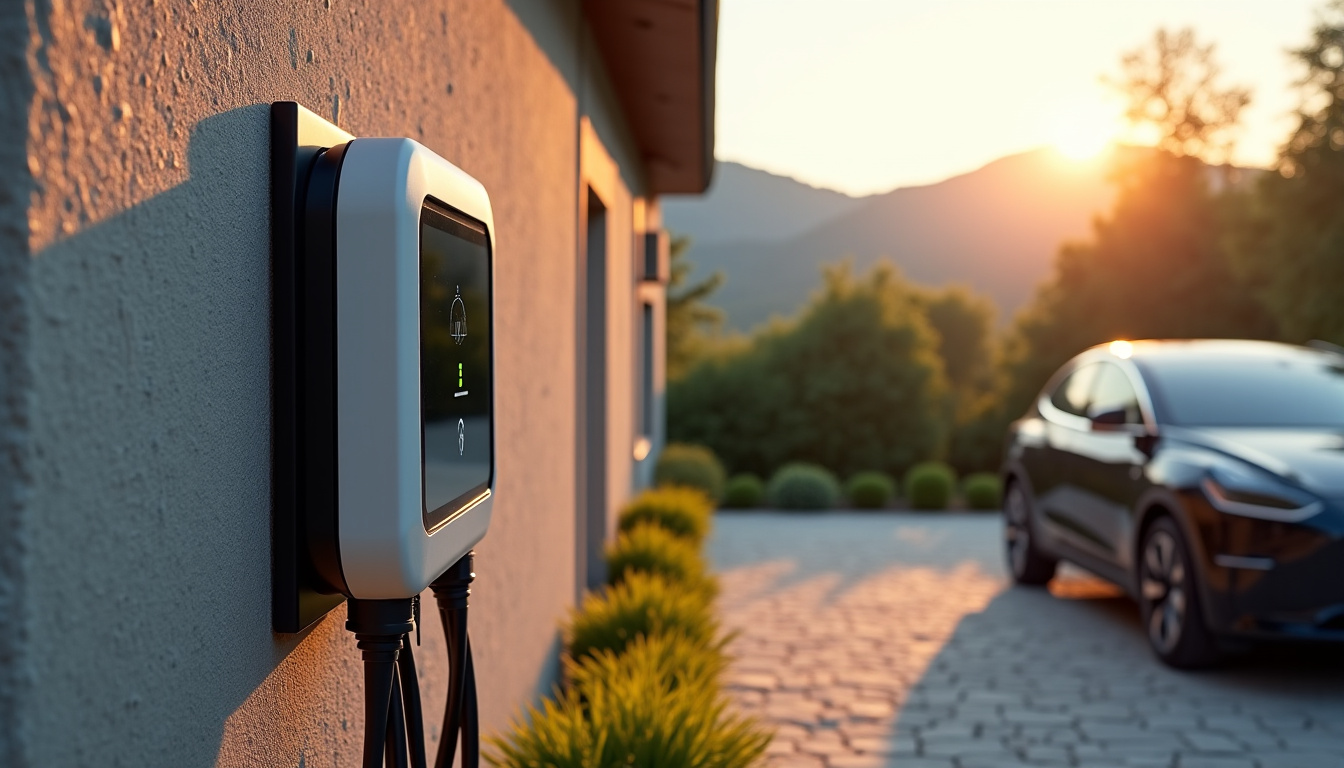 Borne de recharge électrique installée à domicile à Thiers, en extérieur contre un mur