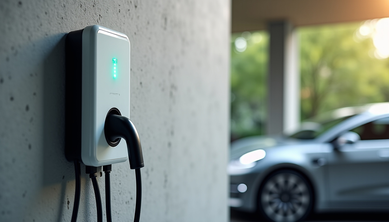 Borne de recharge électrique installée dans un garage à Jouy-en-Josas, vue d