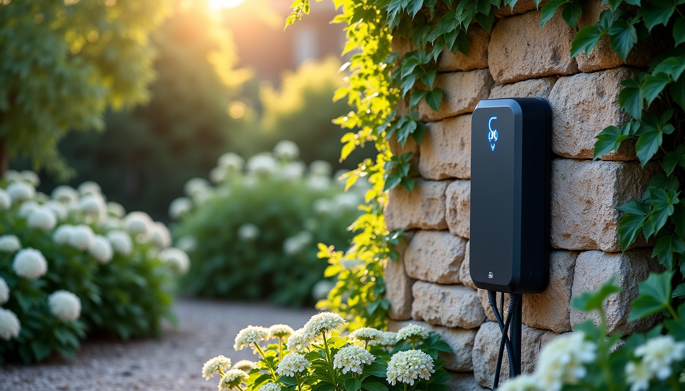 Borne de recharge électrique installée dans un jardin à Neuville-de-Poitou