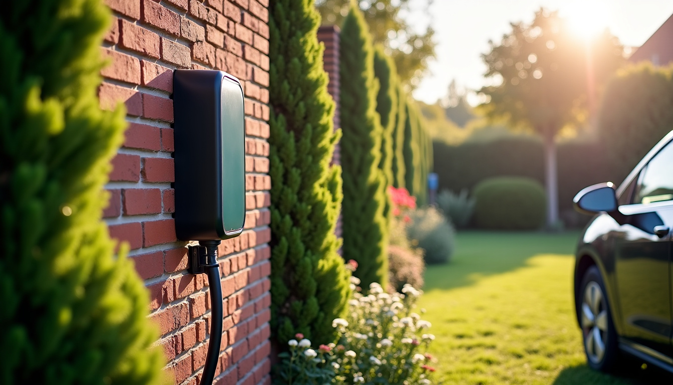 Borne de recharge électrique installée dans un jardin à Wissembourg, en environnement résidentiel